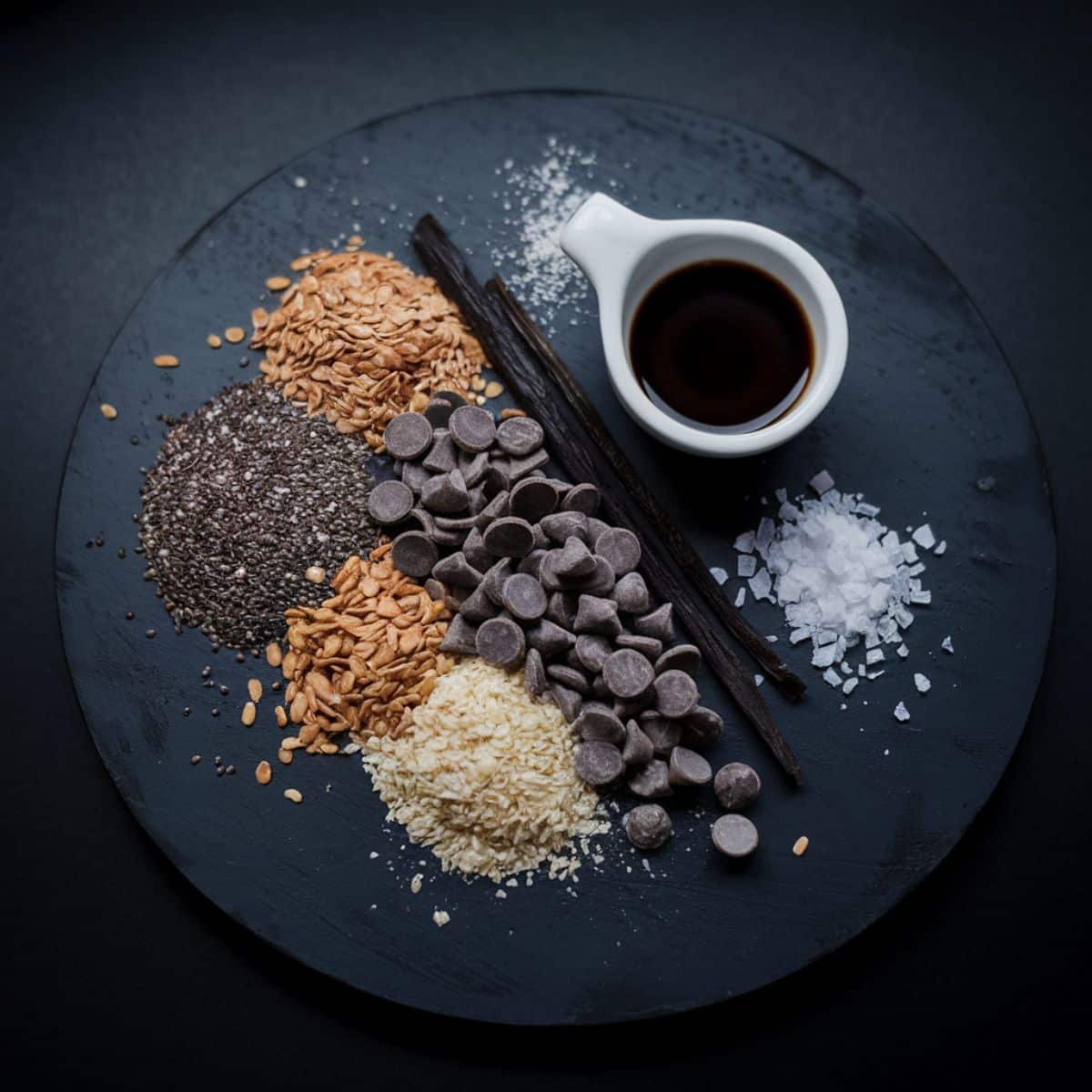 a plate of food and a cup of vanilla