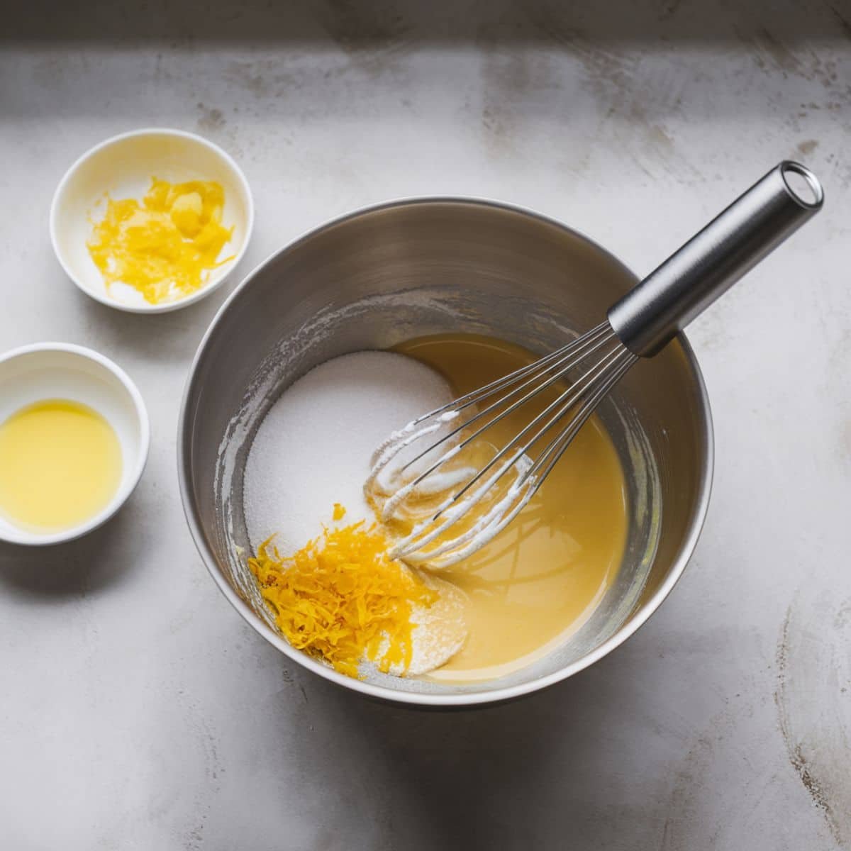 a whisk in a bowl with eggs and a whisk