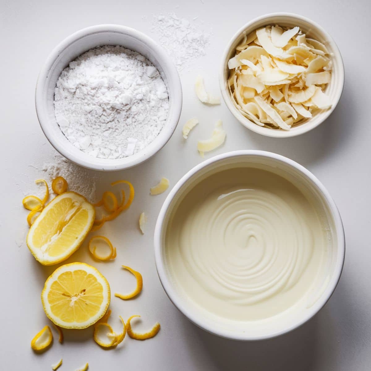 a bowl of white liquid and lemon slices