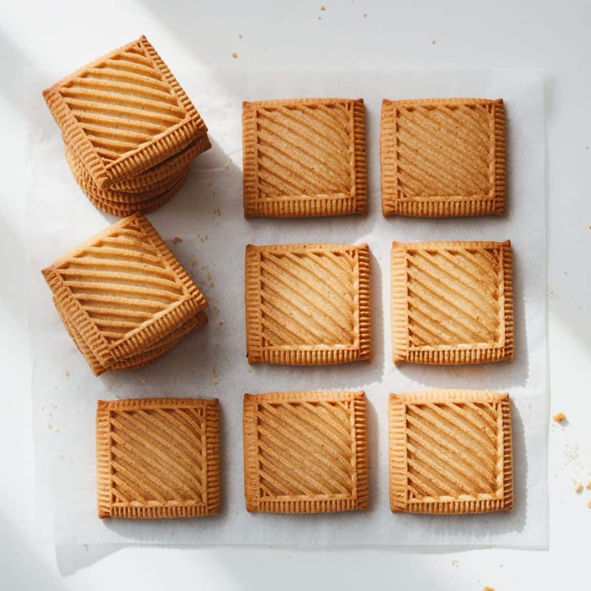 a group of square brown cookies on a white surface