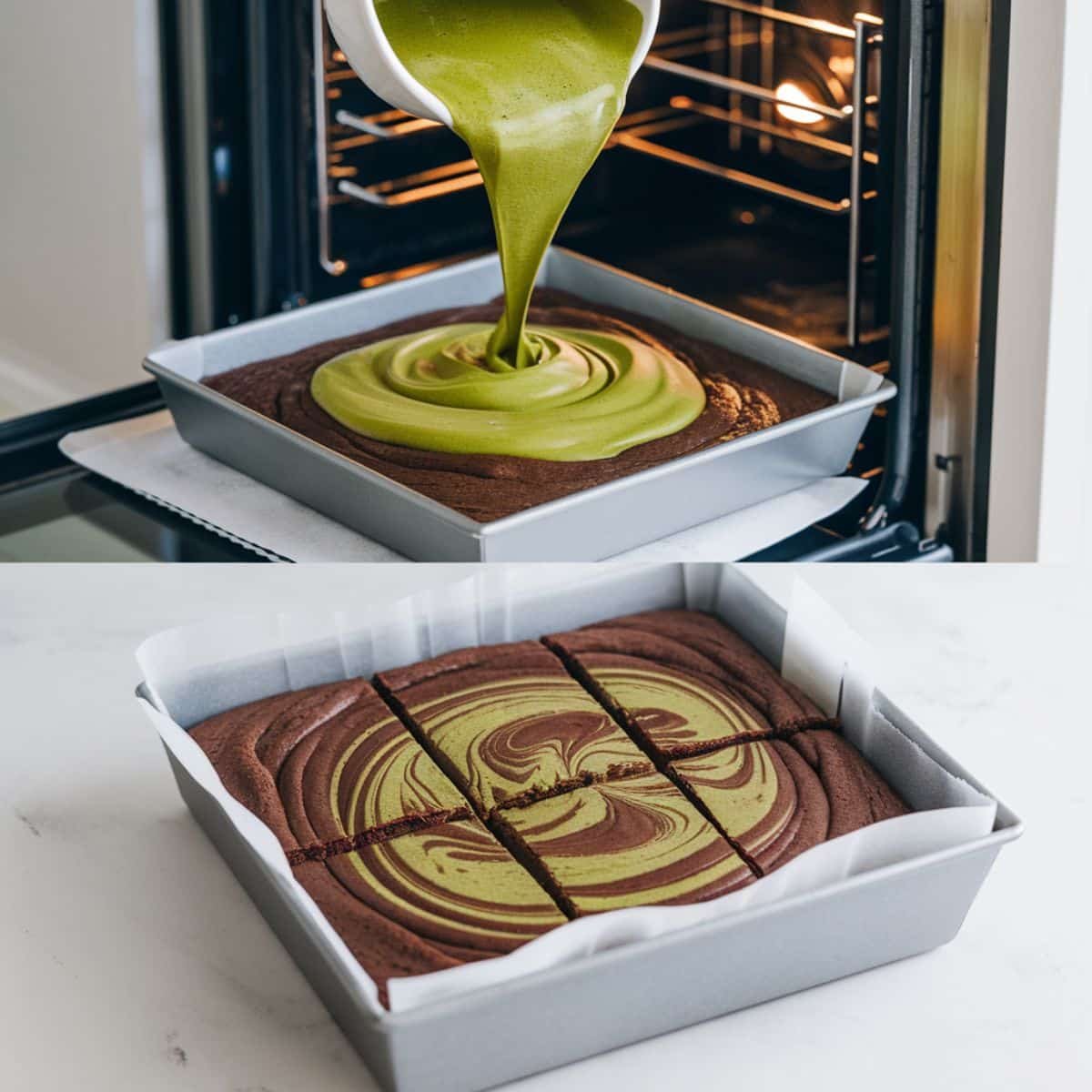 a brownie being poured into a pan with green sauce