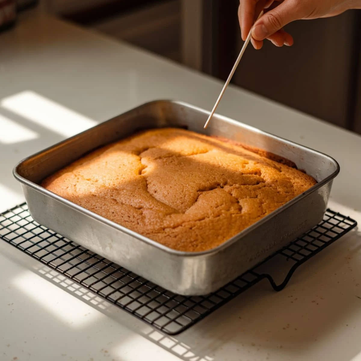 Golden-brown cake cooling in a pan on a rack