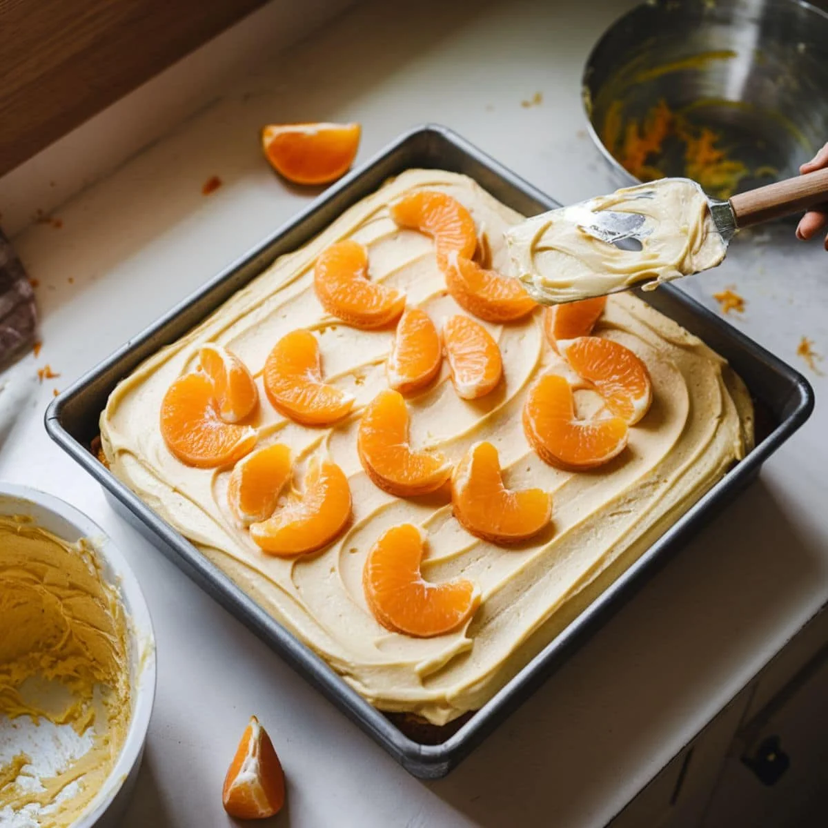 Frosted cake with mandarin slices on top, ready to serve.