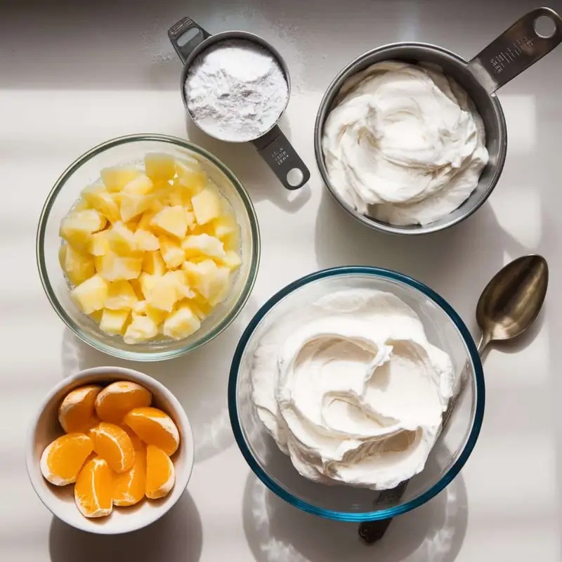 Frosting ingredients in bowls on a white counter: pineapple, pudding mix, whipped topping, sugar, and mandarins.