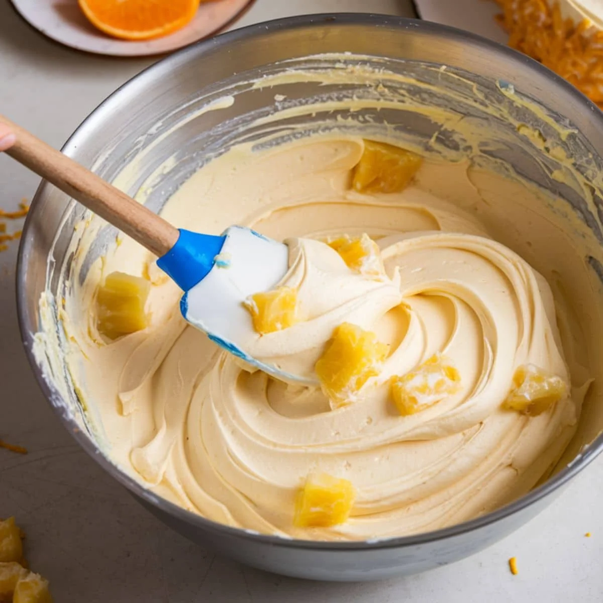 Bowl of pineapple frosting, and mandarin slices in a white kitchen.