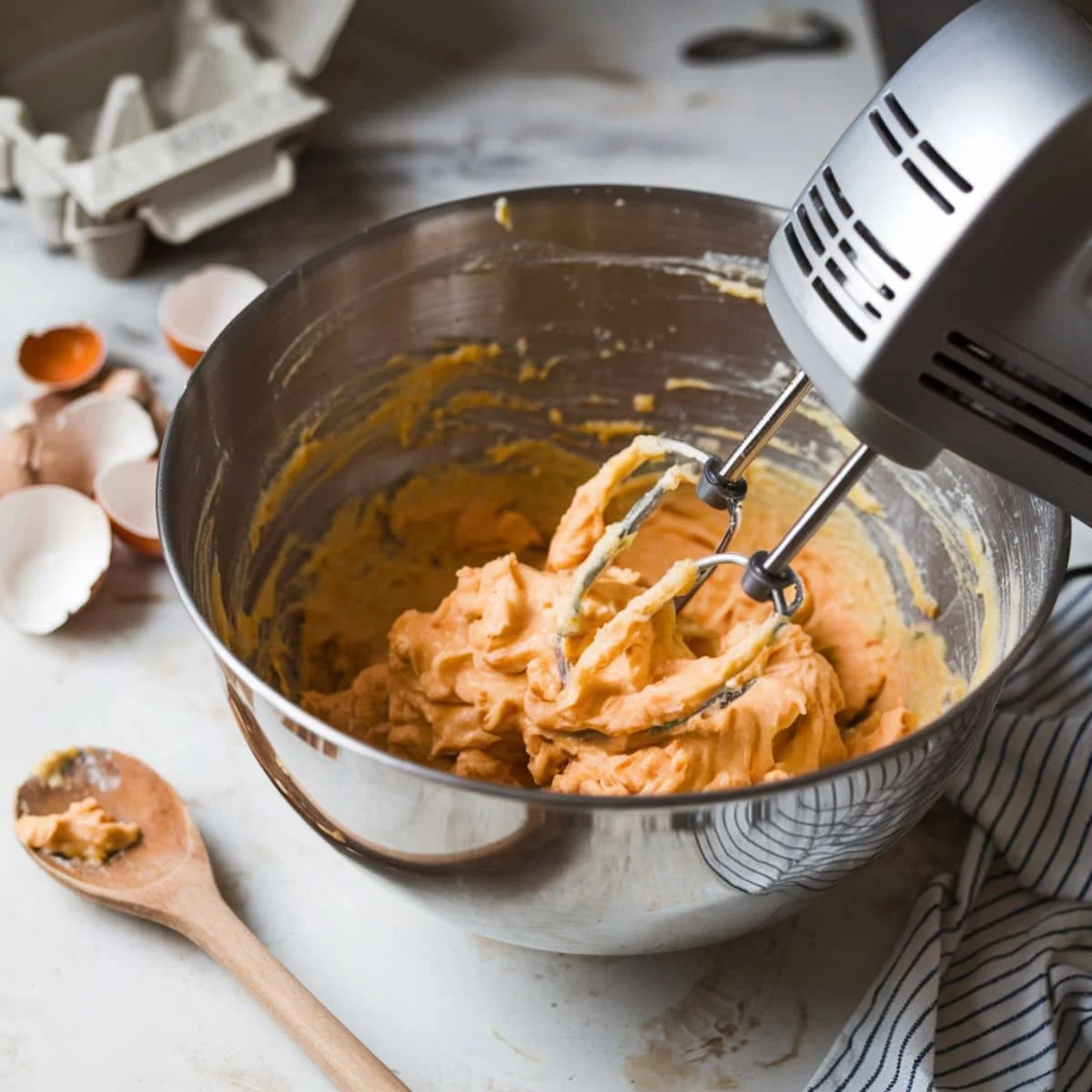 Mixing cake batter in a bowl on a white counter.