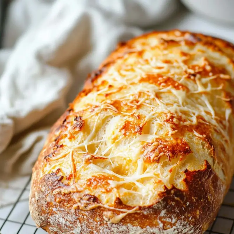 A golden-brown Asiago cheese bread loaf just pulled from the oven, resting on parchment paper with cheese slightly bubbling on top.