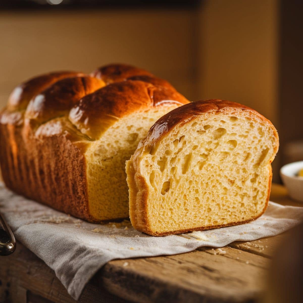 A freshly baked homemade Brioche Bread Recipe loaf with a shiny golden crust, one slice cut to reveal a soft, fluffy, yellow interior, placed on a rustic wooden table with a linen cloth and a butter dish in the background.