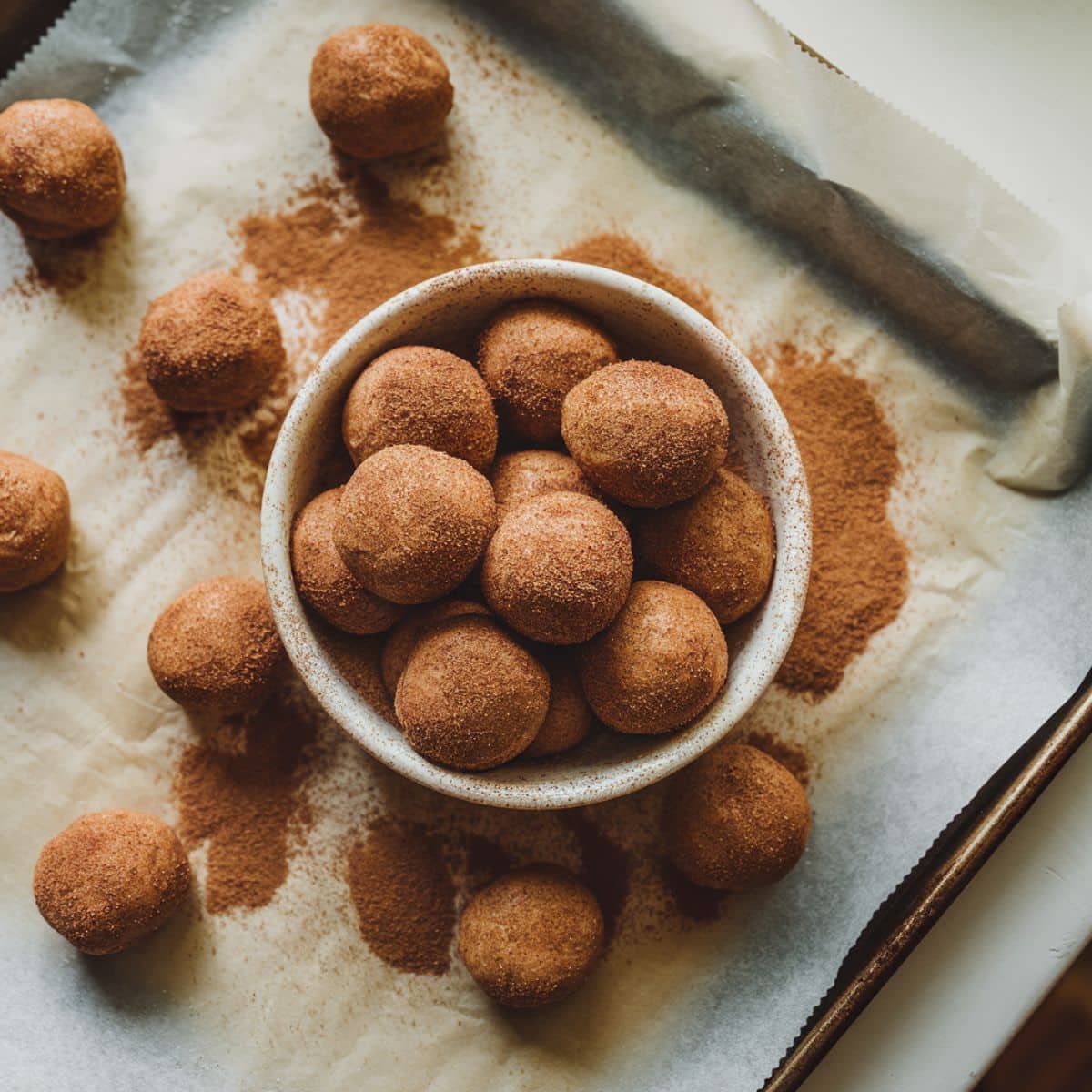 Cookie dough balls being rolled in cinnamon sugar before baking on a parchment-lined tray.