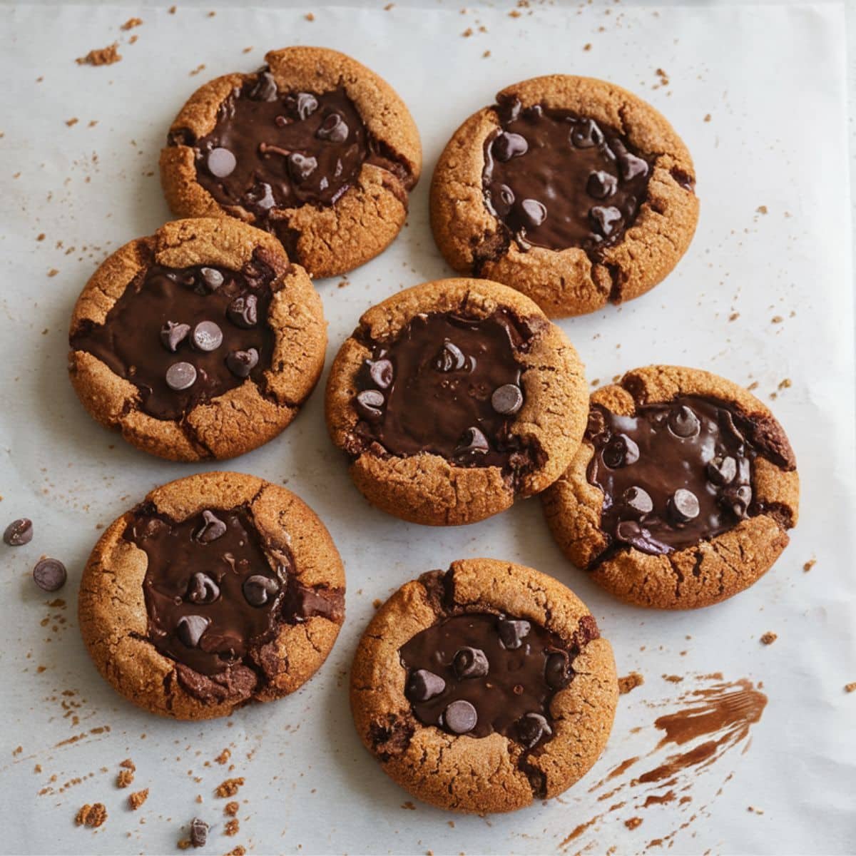 Freshly baked double chocolate chip cookies with melty chocolate chips on a kitchen counter.