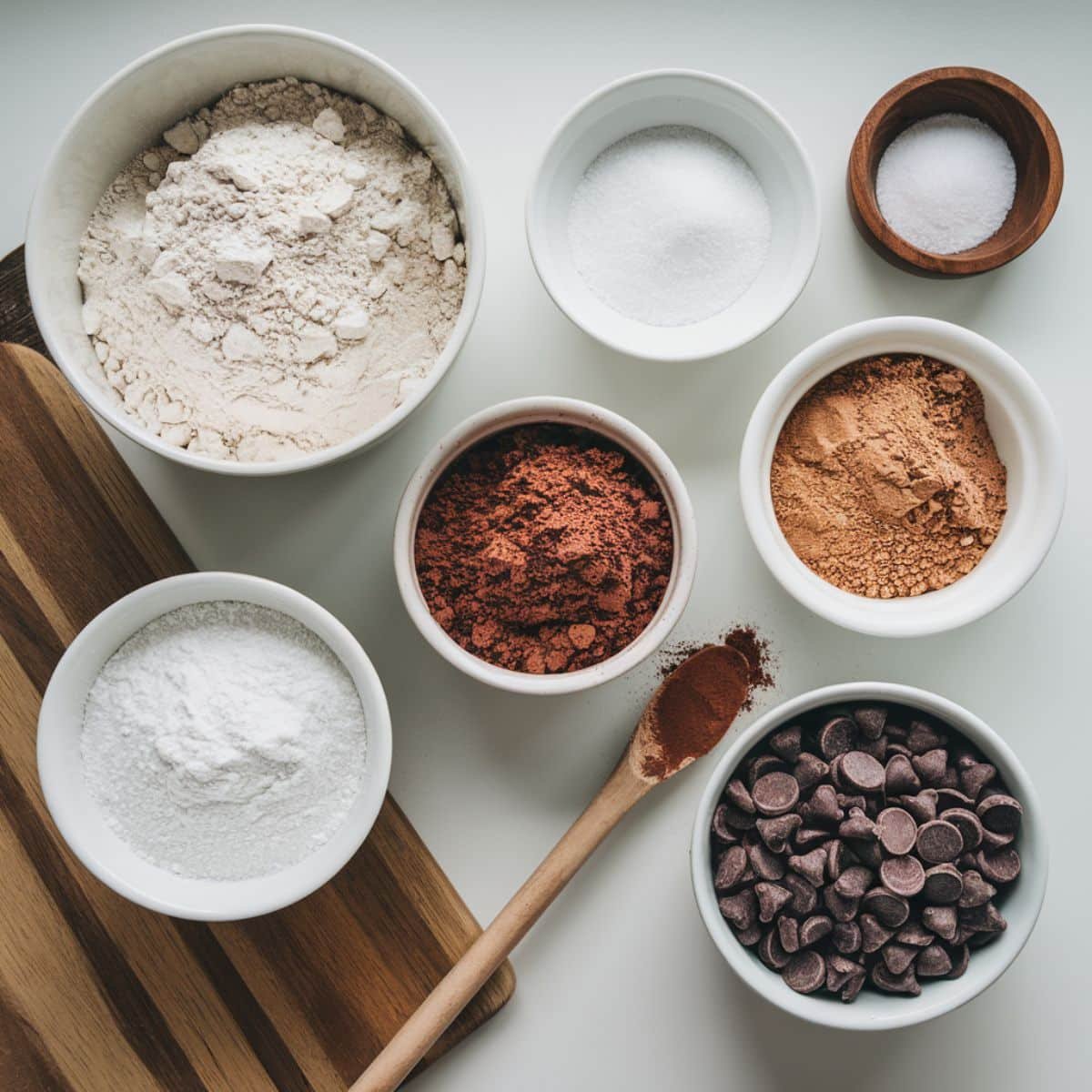 Ingredients for double chocolate chip cookie mix in bowls on a counter.