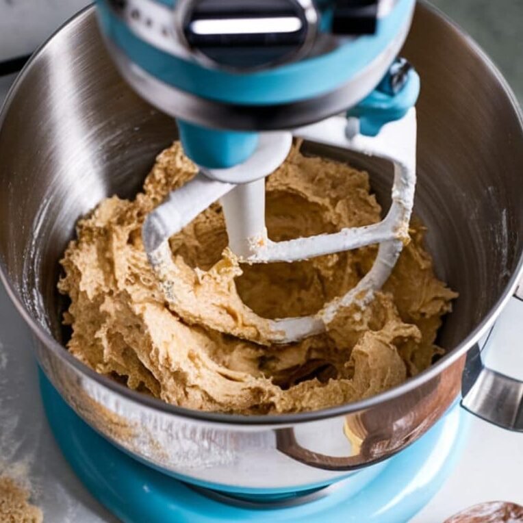 Stand mixer blending sticky brioche dough, with butter and flour nearby on a marble countertop