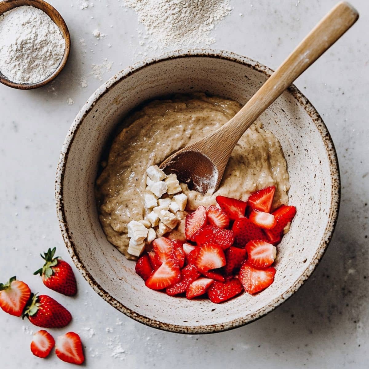 Mixing strawberry banana muffin batter in a large bowl	