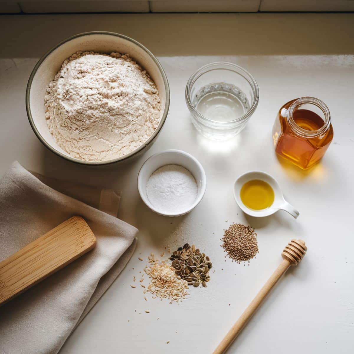 Whole wheat bread ingredients on kitchen counter	