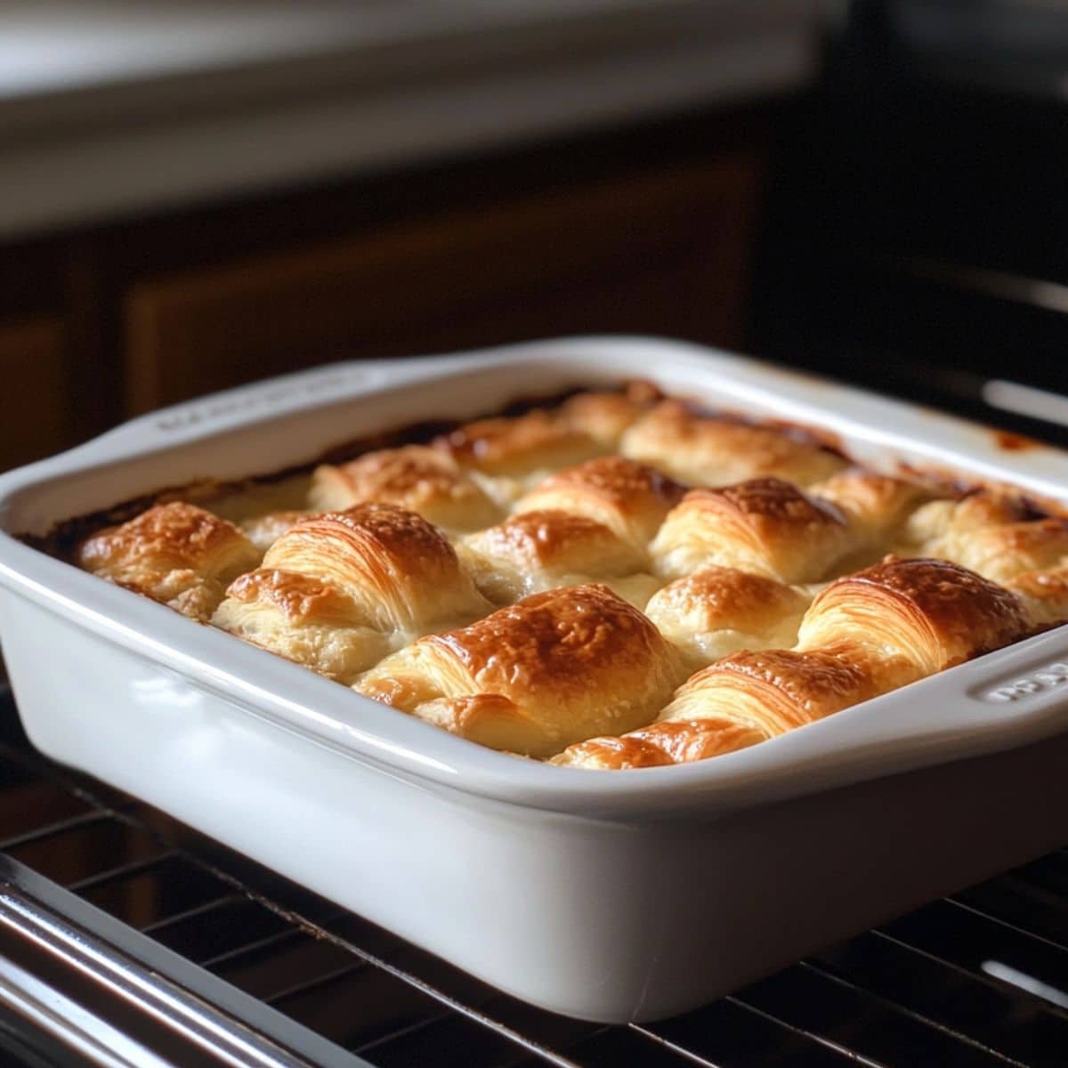 Croissant Bread Pudding baking until golden brown.	