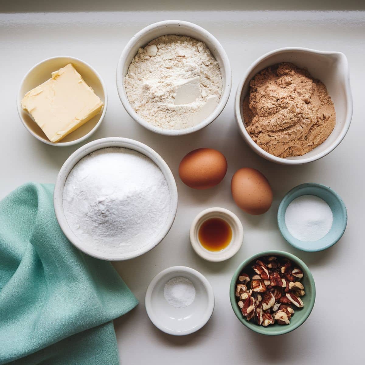 Ingredients laid out for Brown Butter Pecan Cookies
