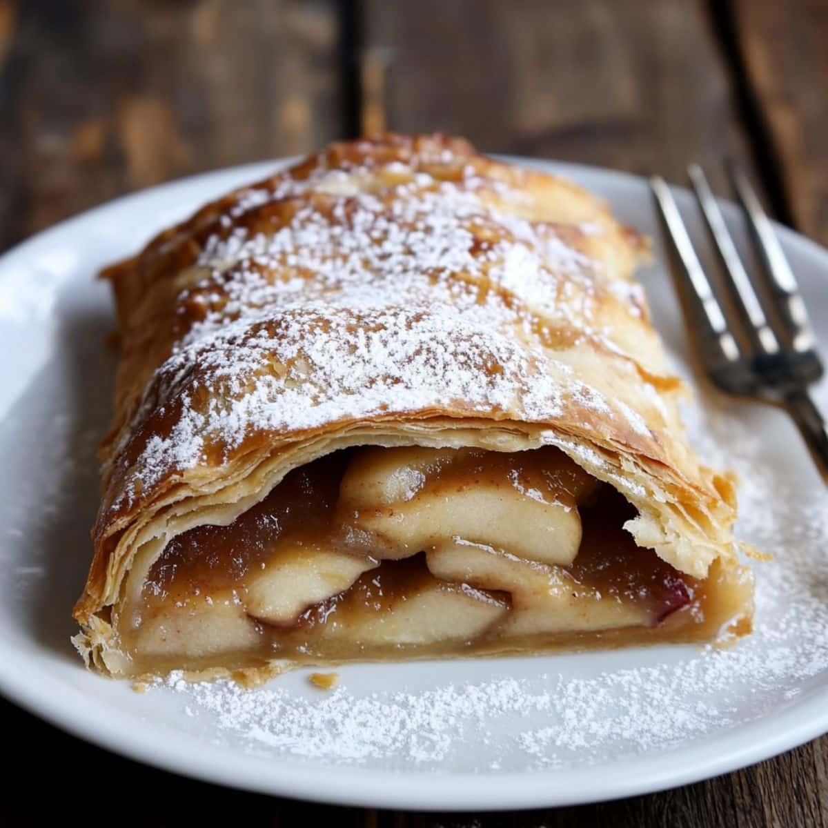 Freshly baked homemade Apple Strudel Recipe with crispy golden filo pastry	