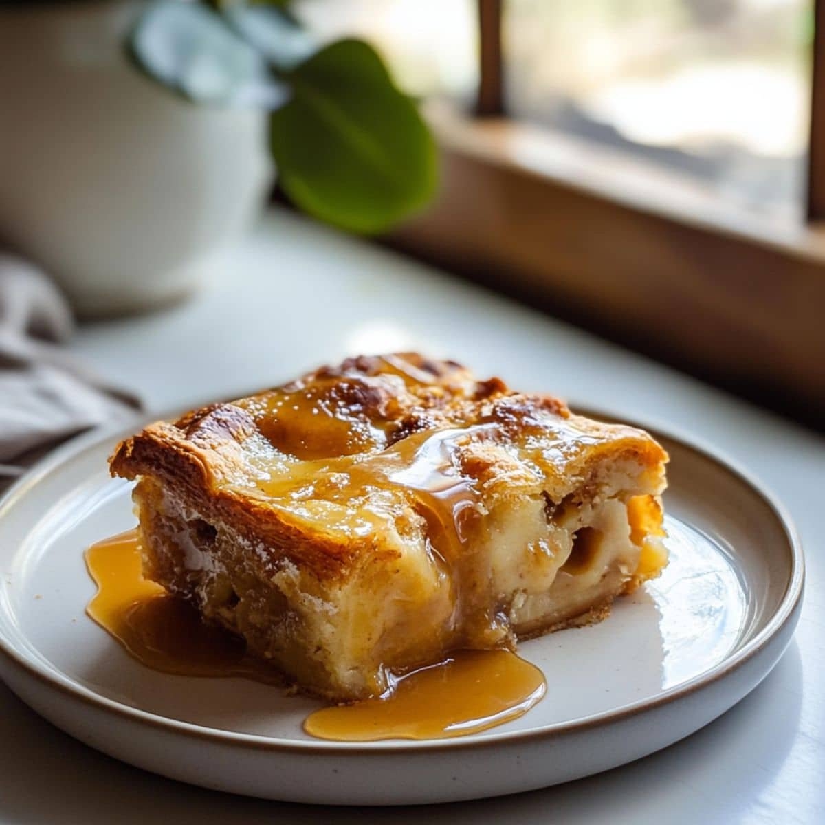 Croissant Bread Pudding slice served on a plate with caramel drizzle.	