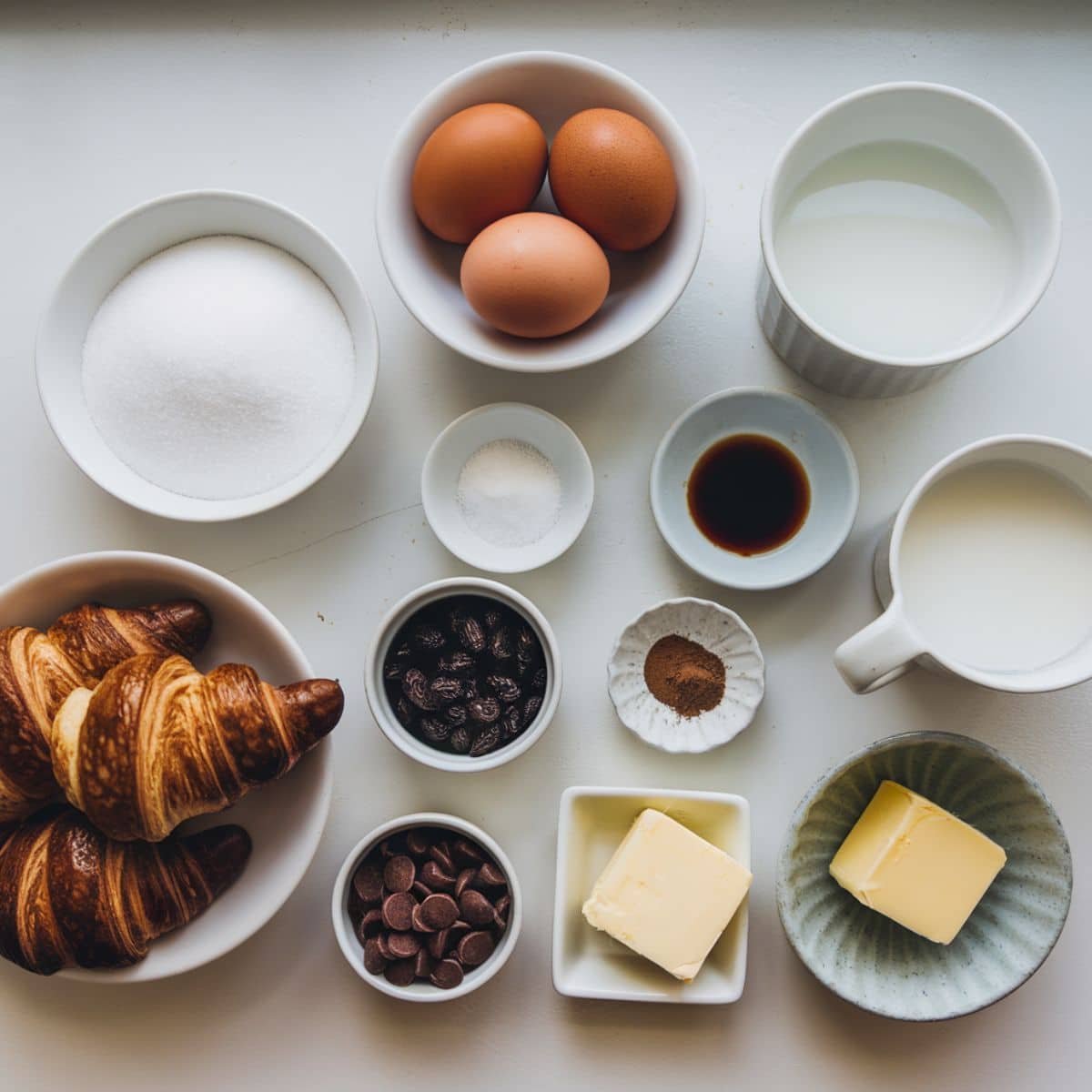 Ingredients for Croissant Bread Pudding arranged casually on a white kitchen counter.	