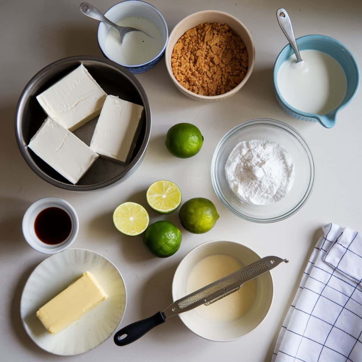 Ingredients laid out for no cook key lime cheesecake	