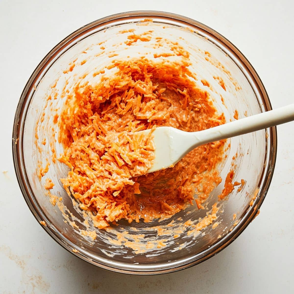Mixing carrot cupcake batter in a bowl	