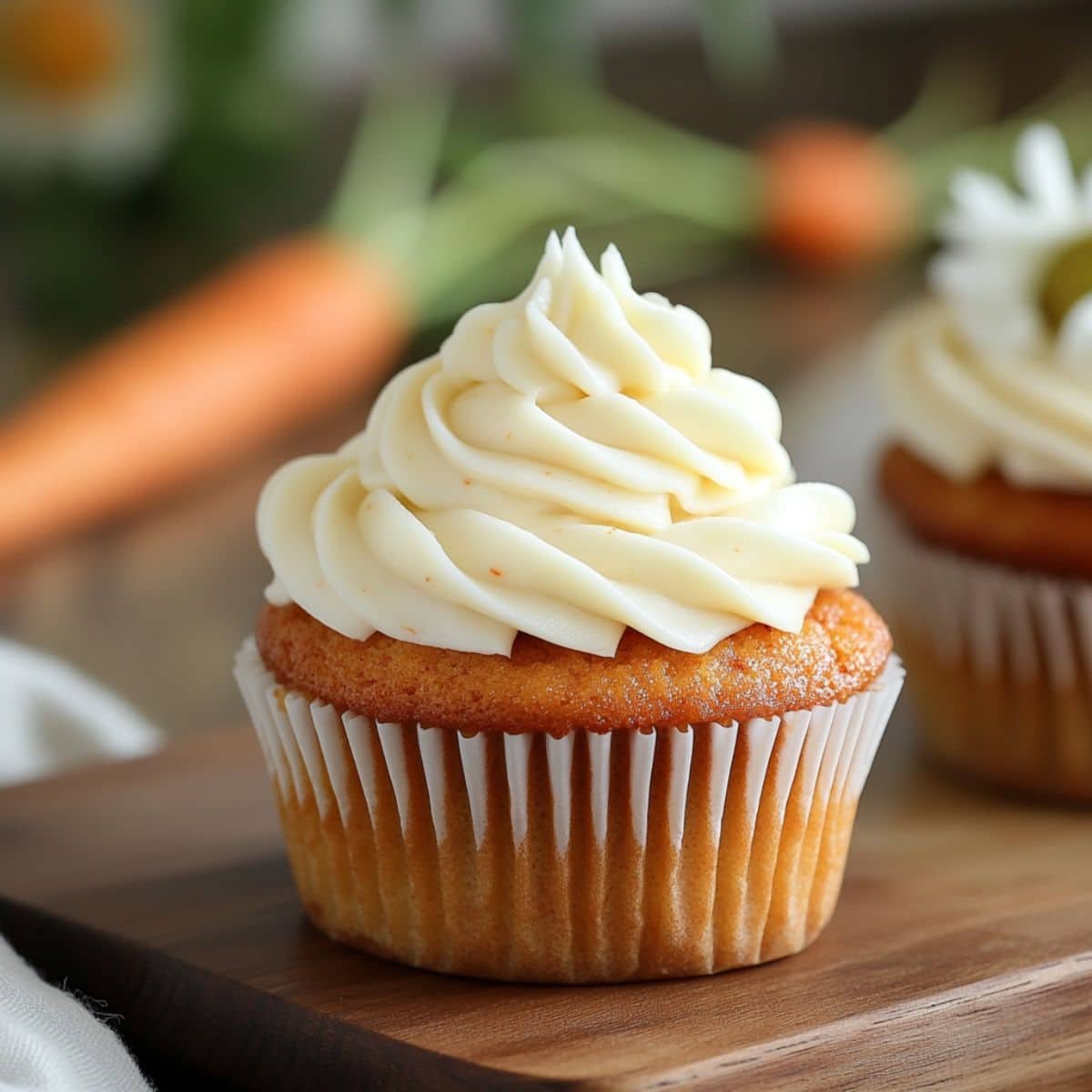 Freshly frosted mini carrot cupcake on a wooden board	