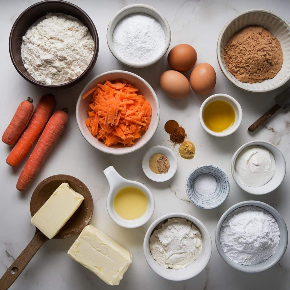 Ingredients for mini carrot cupcakes on a kitchen counter	