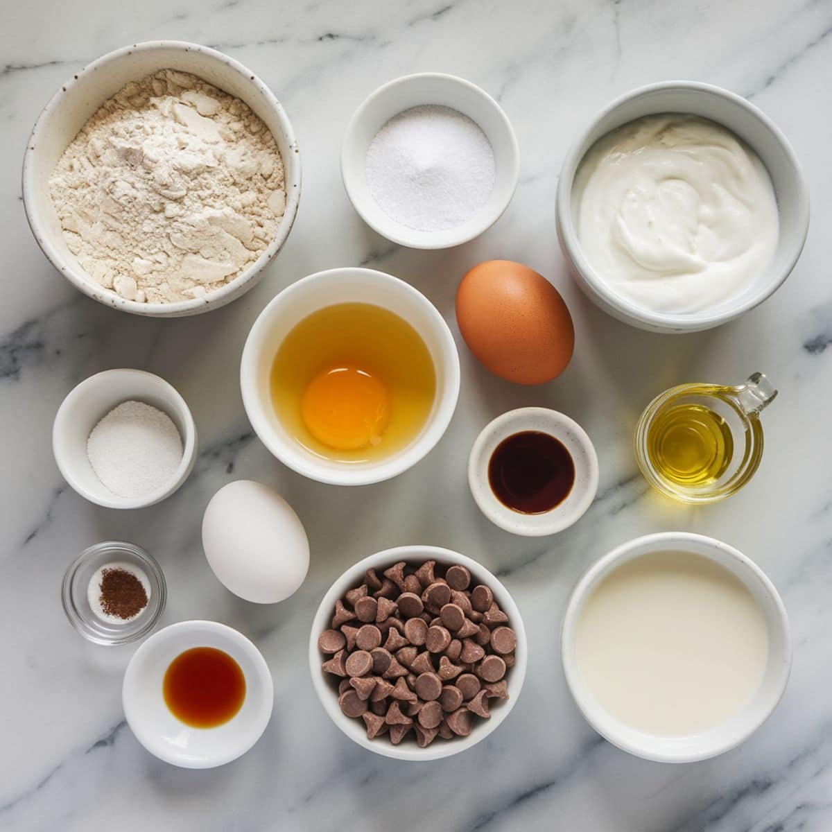 Baking ingredients for mini chocolate chip muffins laid out on a counter	