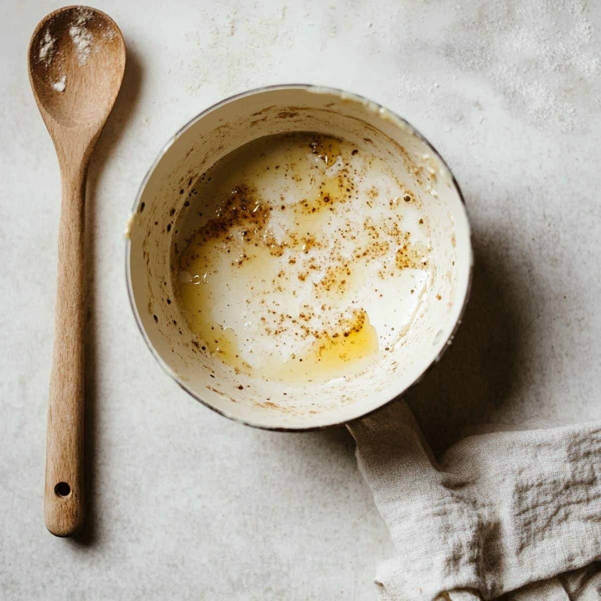Brown butter with golden specks cooling on counter
