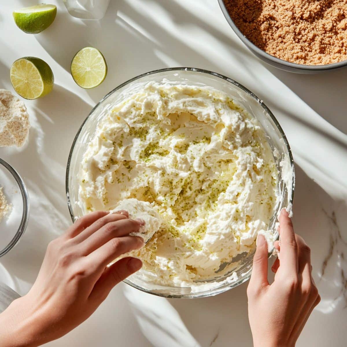 Mixing lime filling and pressing crust into pan	
