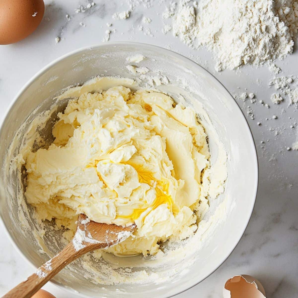 Butter and sugar being creamed in mixing bowl	