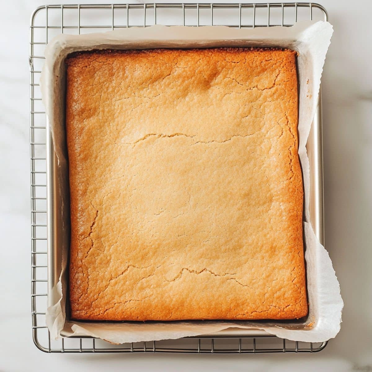 Cookie slab cooling in 9x13 pan on white counter	