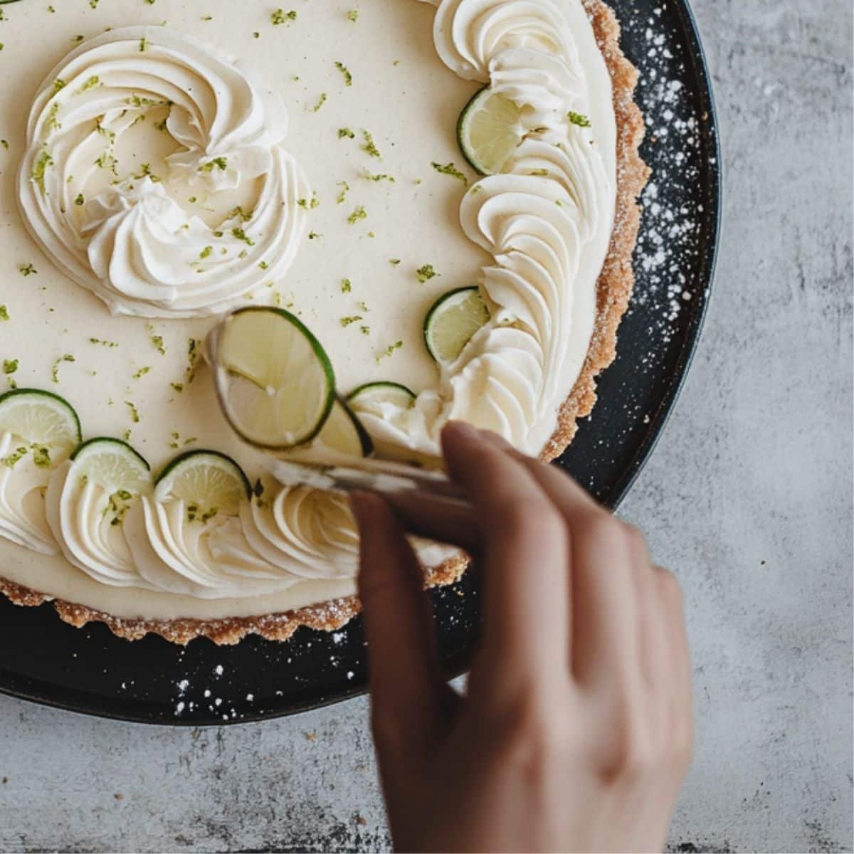 Decorating cheesecake with whipped cream and lime slices	