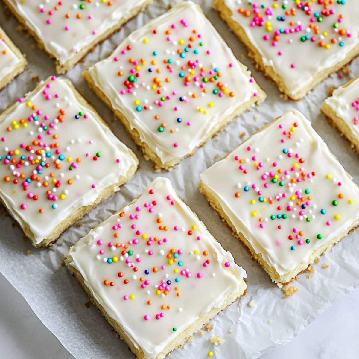 Frosted cookie bars with sprinkles, sliced from the pan	