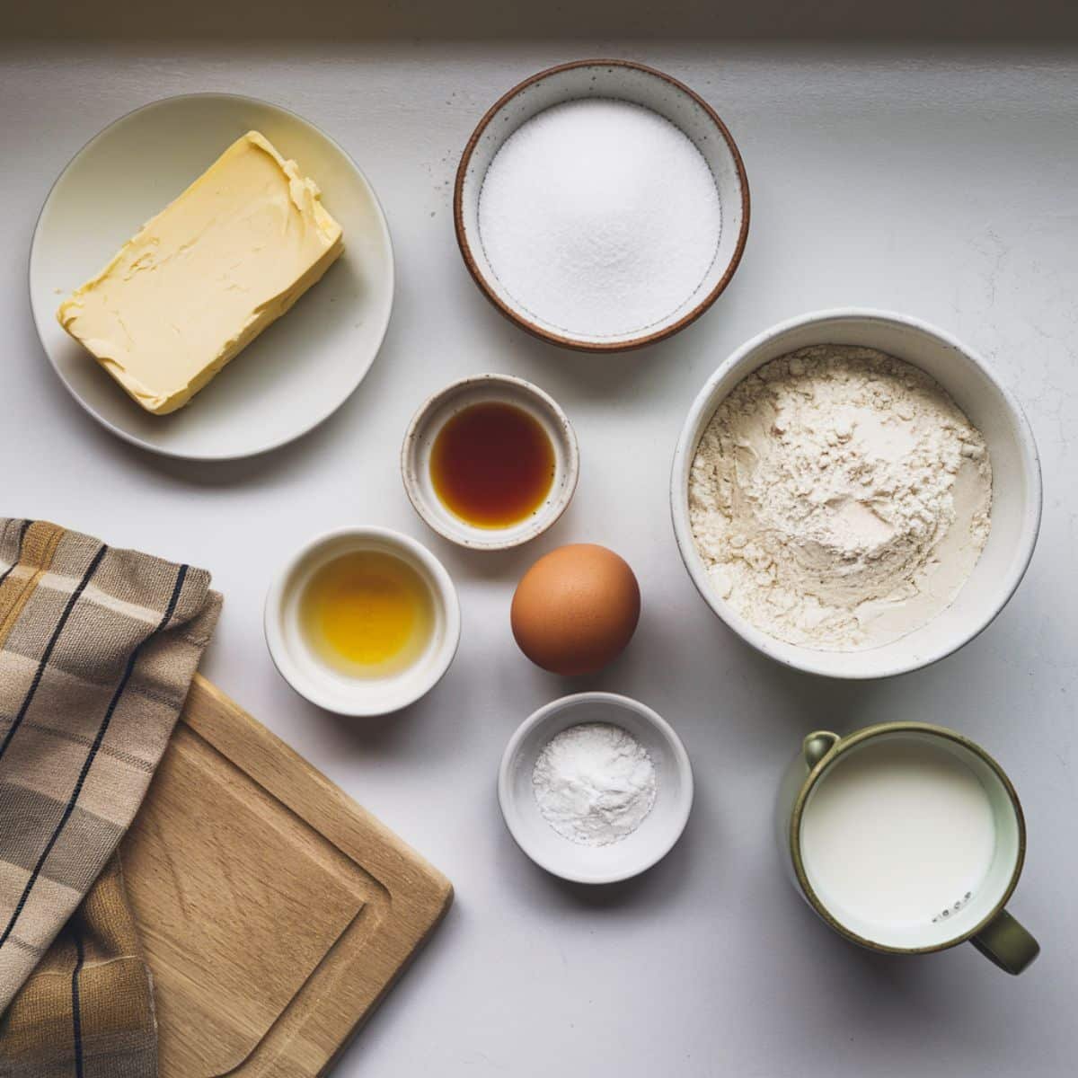 Ingredients for vanilla wafer cookies laid out on a white counter	