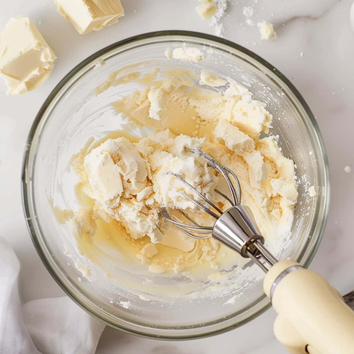 Butter, sugar, egg and vanilla being creamed in a mixing bowl	
