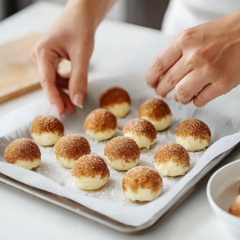 Assembling churro cheesecake bites by wrapping dough around cream cheese filling	