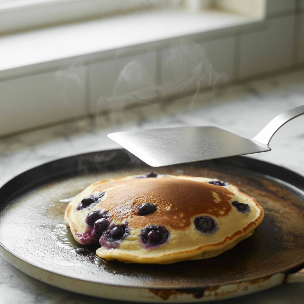 Cooking lemon blueberry pancakes with visible blueberries inside and crispy edges.	