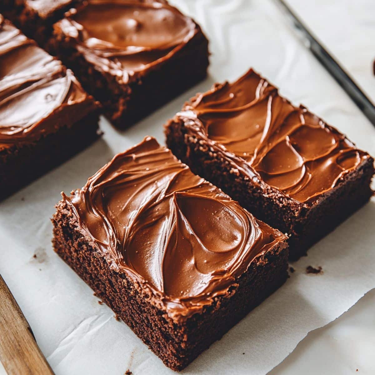 Fudgy homemade Lunch Lady Brownies with chocolate frosting on a white kitchen counter.	