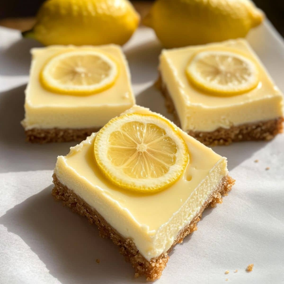 A single lemon cheesecake bar with a lemon slice on top on a white surface	