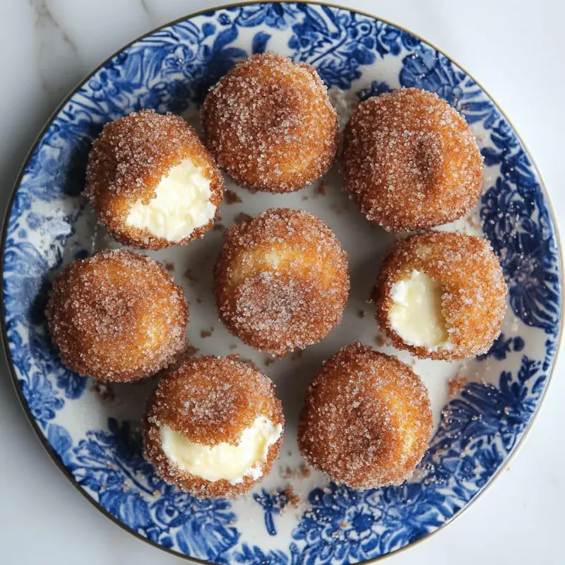 A plate of homemade churro cheesecake bites with cream cheese filling and cinnamon sugar coating	