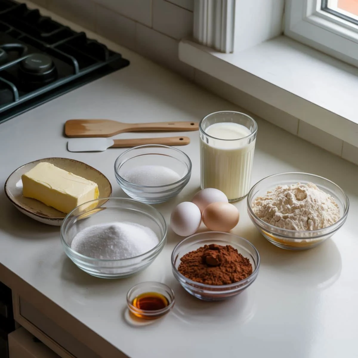 Ingredients for Lunch Lady Brownies: butter, sugar, eggs, cocoa powder, flour, salt, and vanilla extract.	