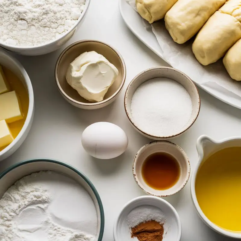Ingredients for churro cheesecake bites laid out on a white counter	