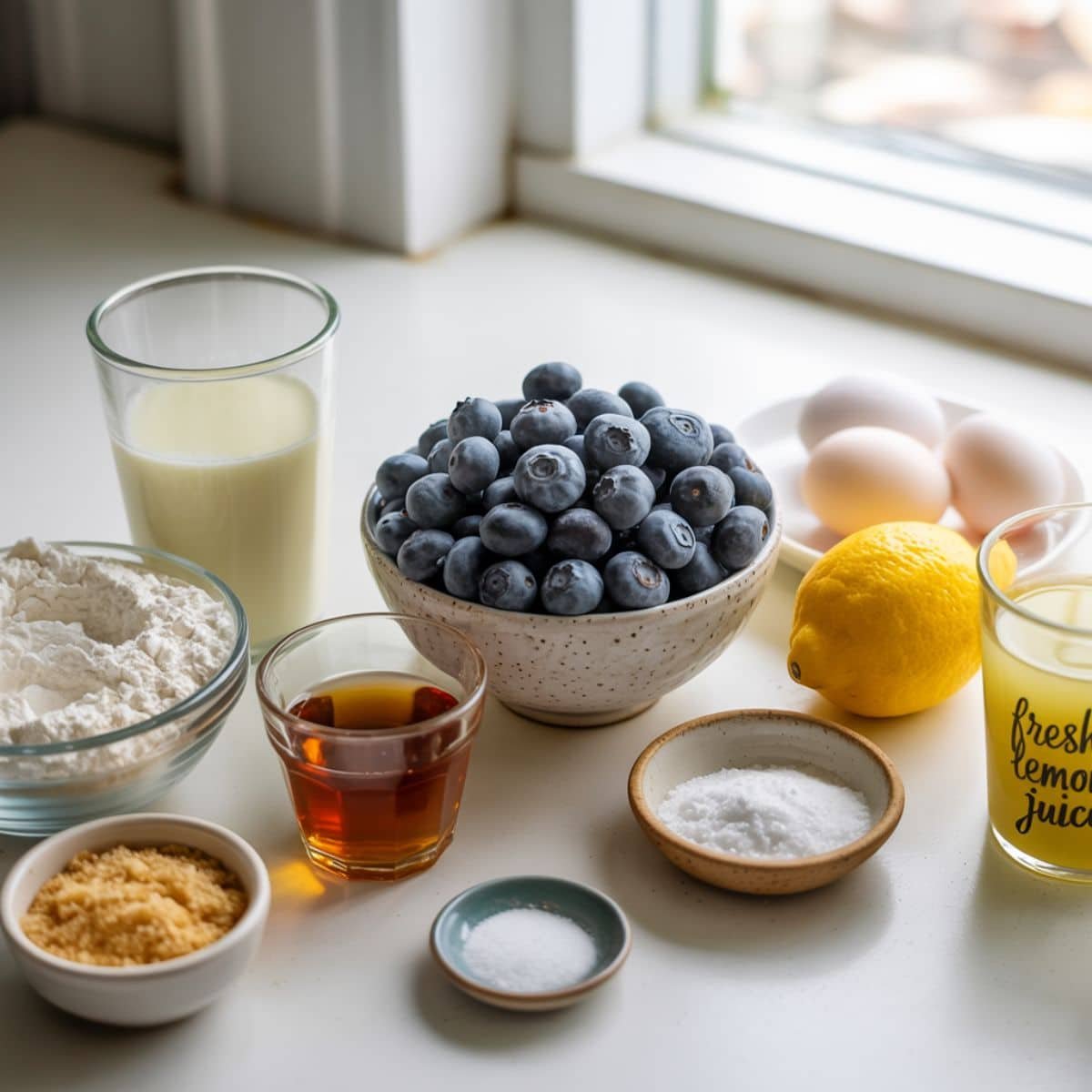 Ingredients for making lemon blueberry pancakes, arranged on a white kitchen counter.	