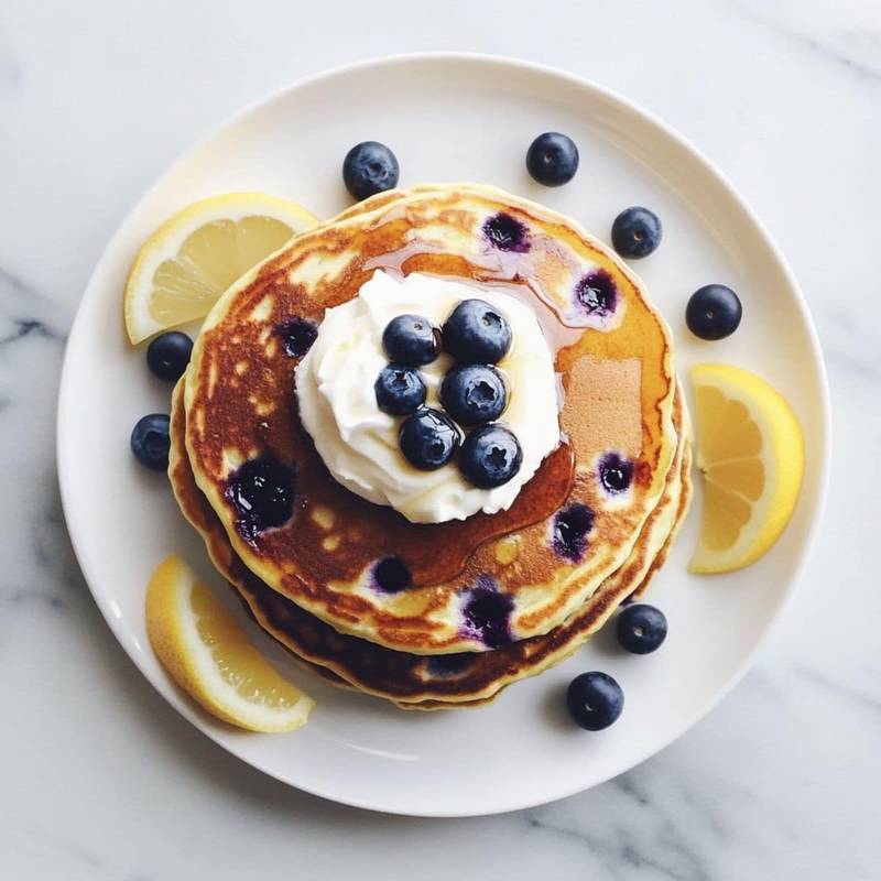 Fluffy lemon blueberry pancakes with blueberries inside, topped with lemon wedges and syrup.	
