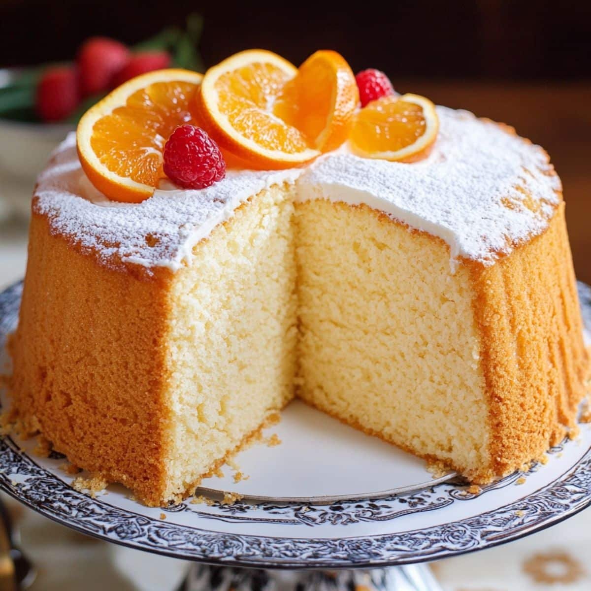 Homemade orange chiffon cake on a white kitchen counter, with a natural, homemade vibe.