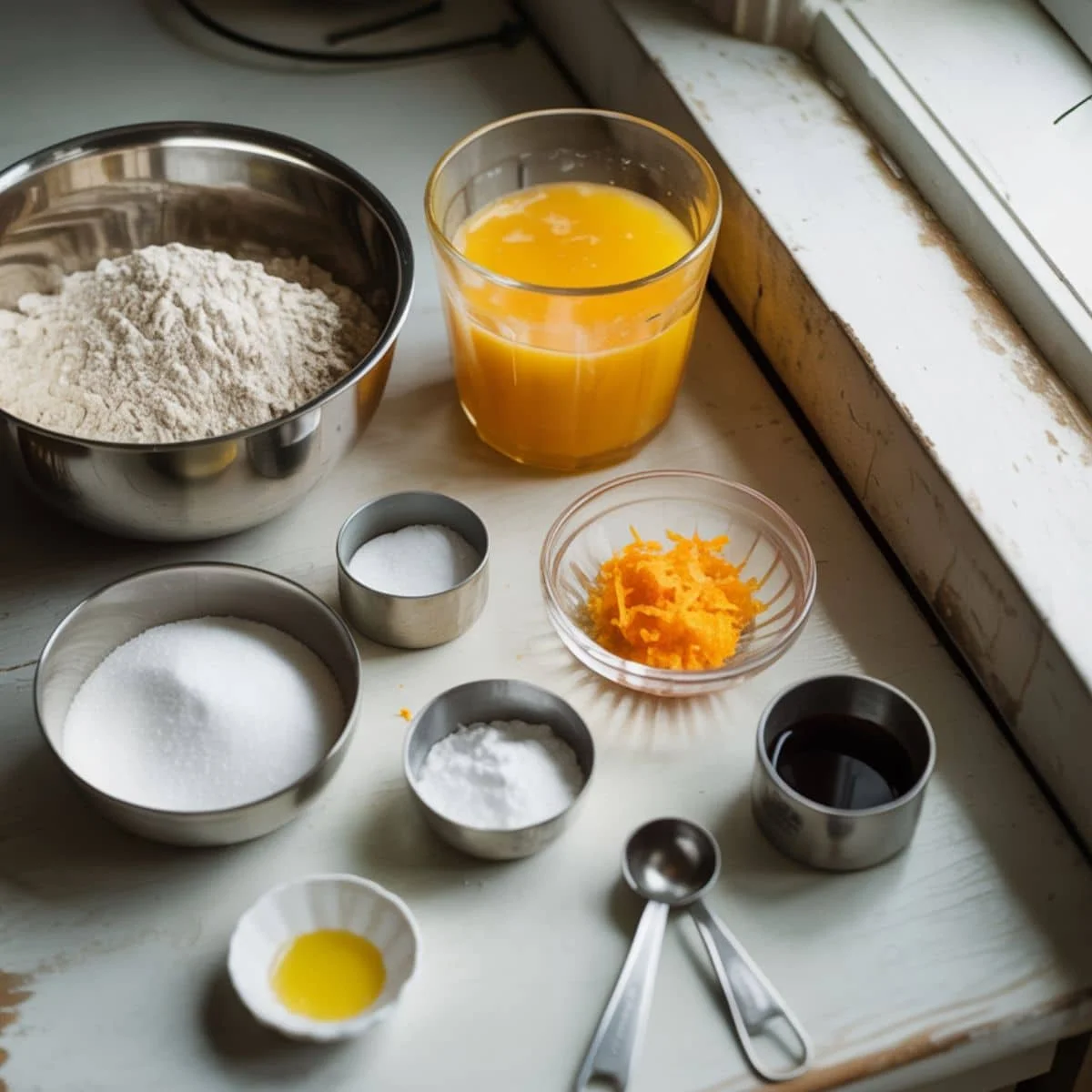 Ingredients for homemade orange chiffon cake on a white kitchen counter.	