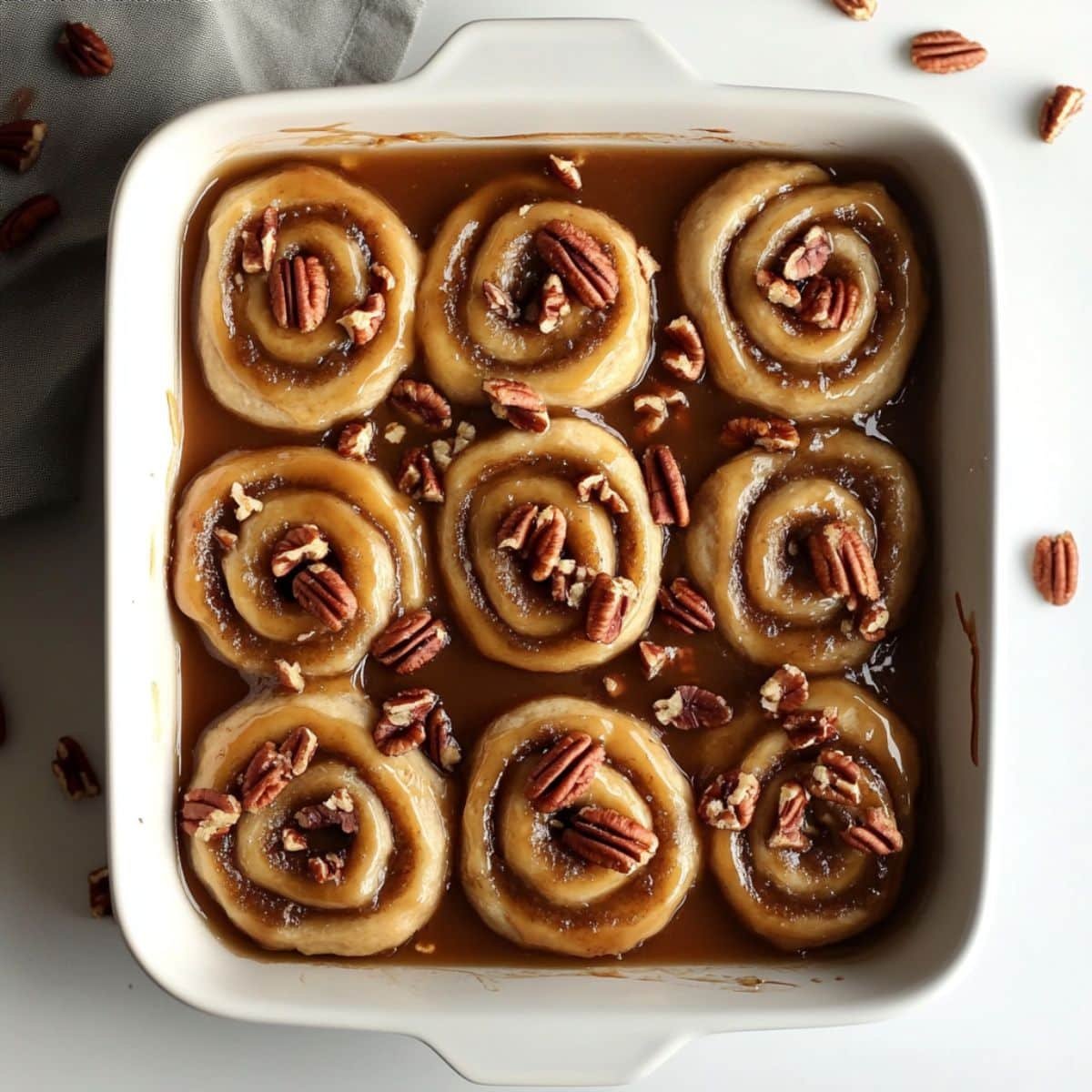 Raw sticky buns spirals placed over caramel in a baking dish. Real, imperfect look on a white kitchen counter.