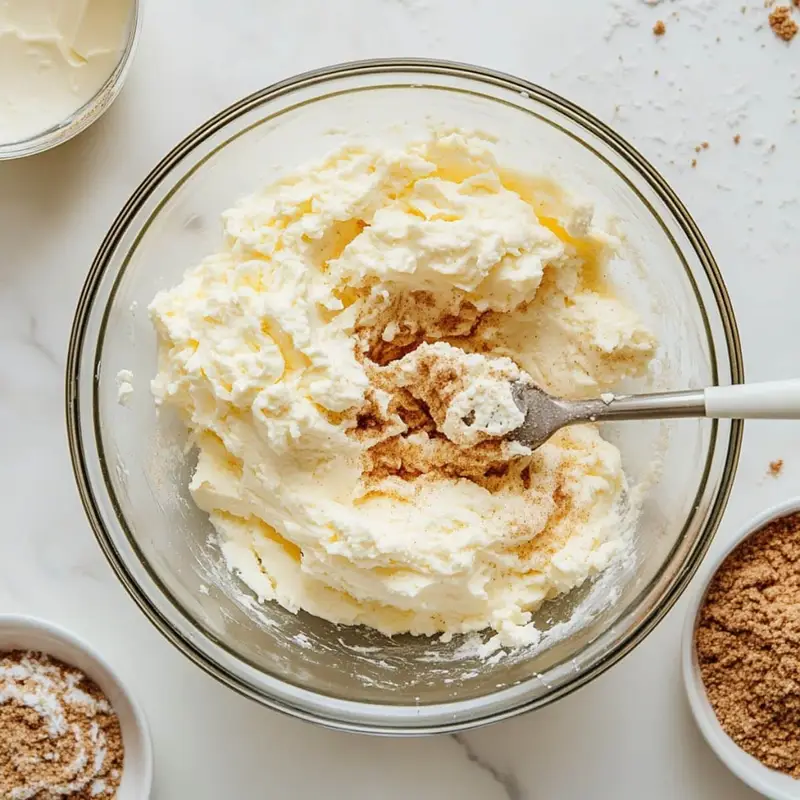 Mixing cream cheese filling and preparing cinnamon sugar coating for churro cheesecake bites	