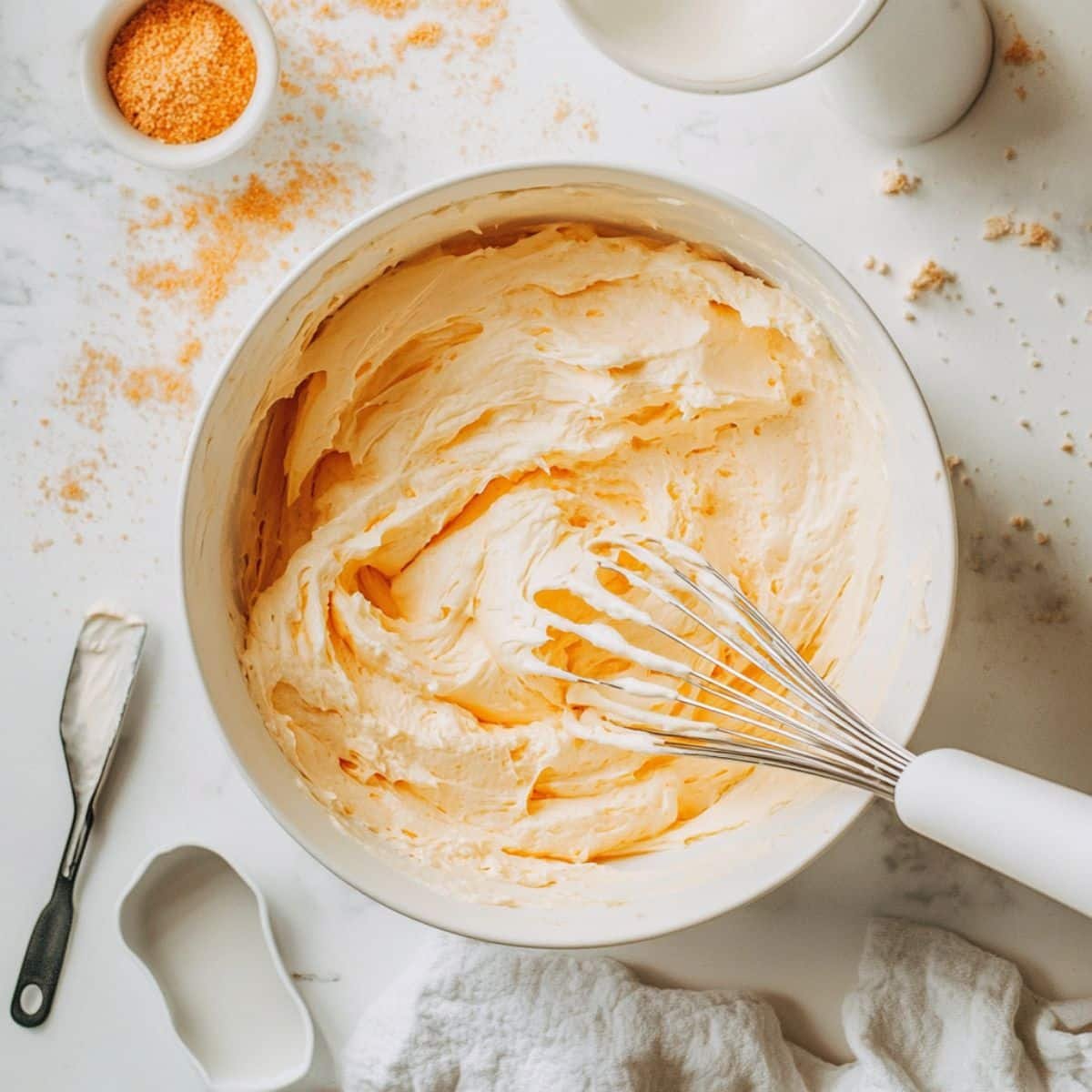 Mixing the batter for homemade orange chiffon cake on a white kitchen counter.	